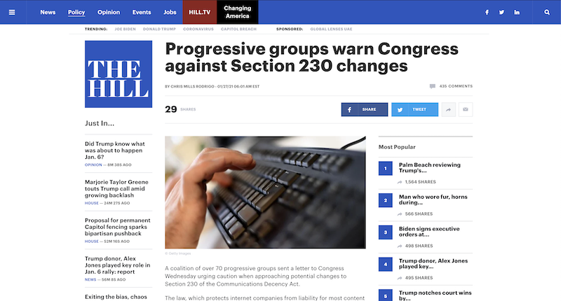 Progressive groups warn Congress against Section 230 changes