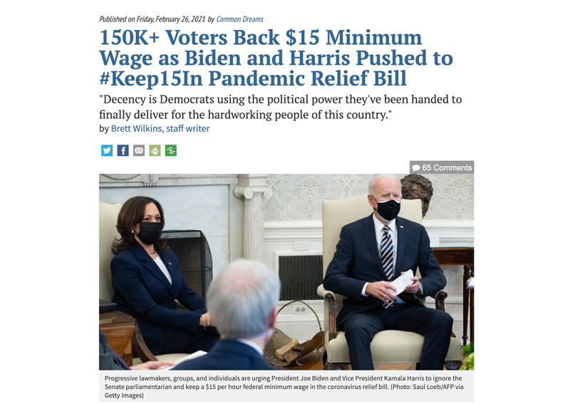 150K+ Voters Back $15 Minimum Wage as Biden and Harris Pushed to #Keep15In Pandemic Relief Bill