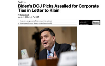 Biden’s DOJ Picks Assailed for Corporate Ties in Letter to Klain