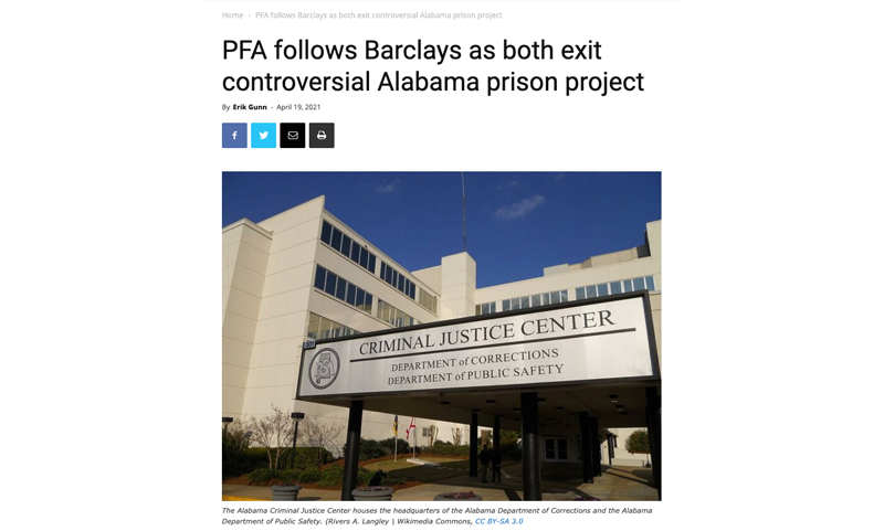 PFA follows Barclays as both exit controversial Alabama prison project